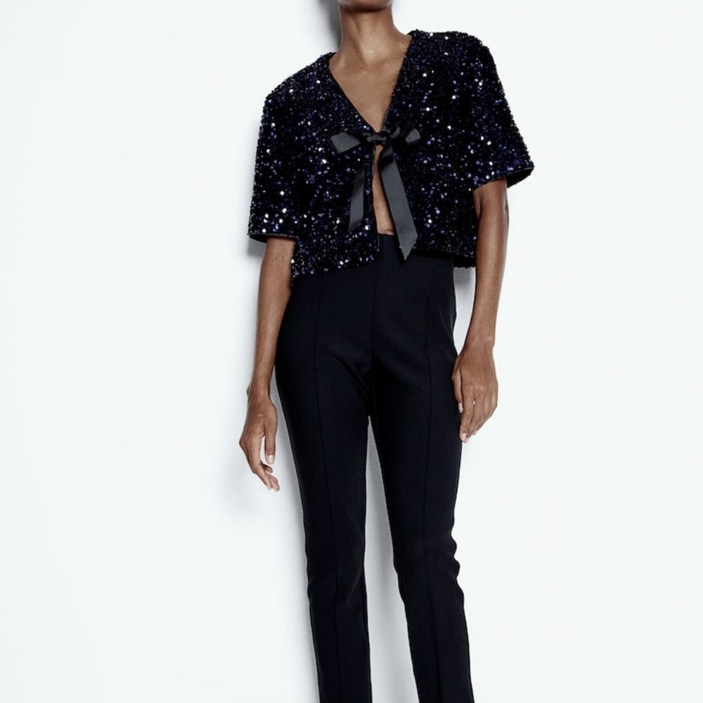 H&M Sequined Blouse Front Tie Limited Edition Holiday Navy Blue BNWT